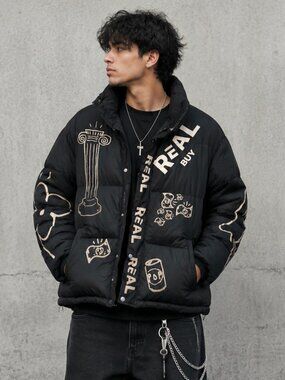 Black Graffiti Puffer Jacket Medium Streetwear Coat Duck Down Graphic Y2K